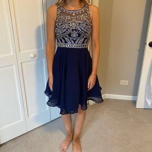 Navy Blue, beaded top, knee length dress, size S.